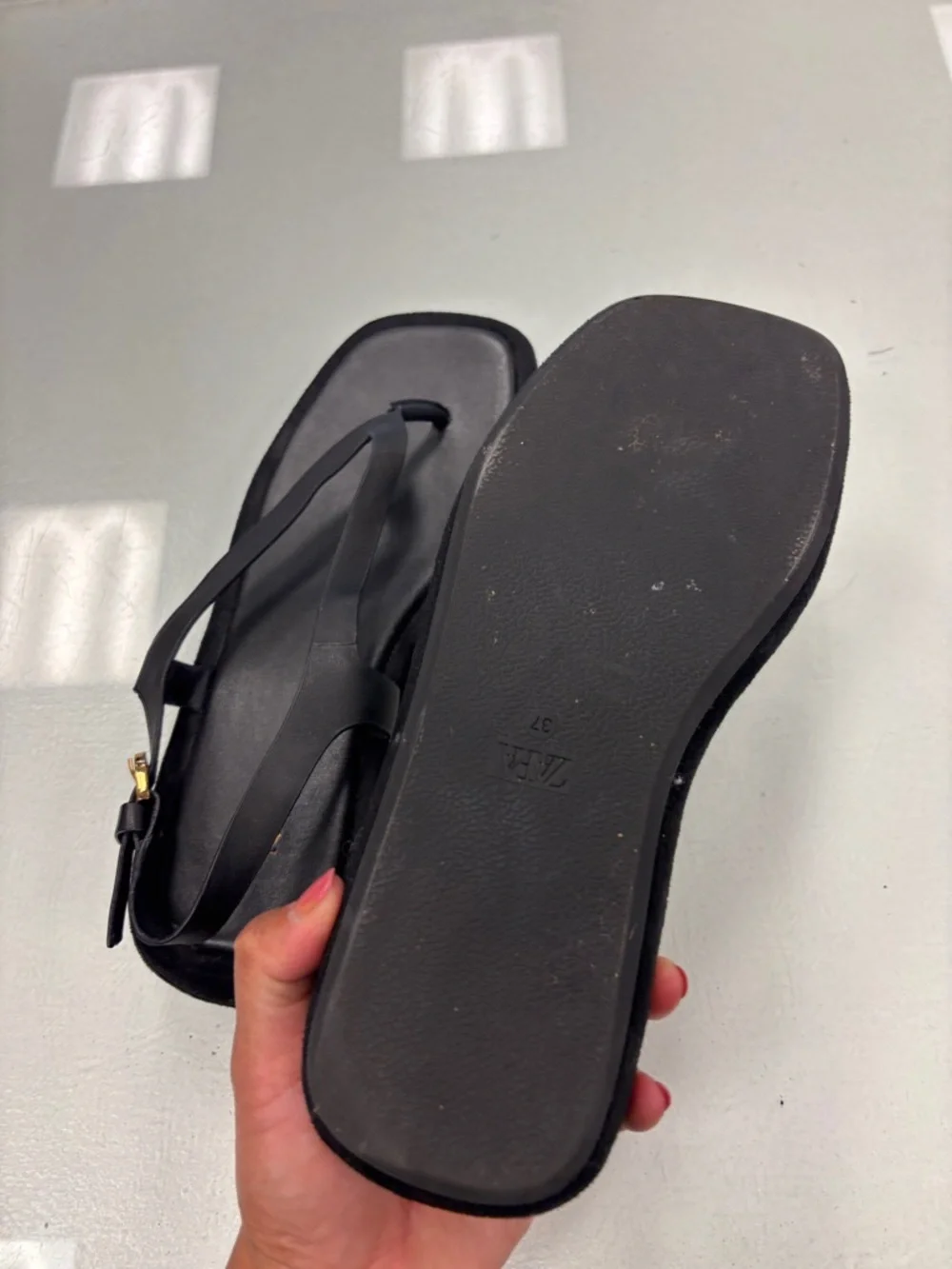 Zara suede leather Black Square-Toe Thong Sandals - Picture 5 of 6